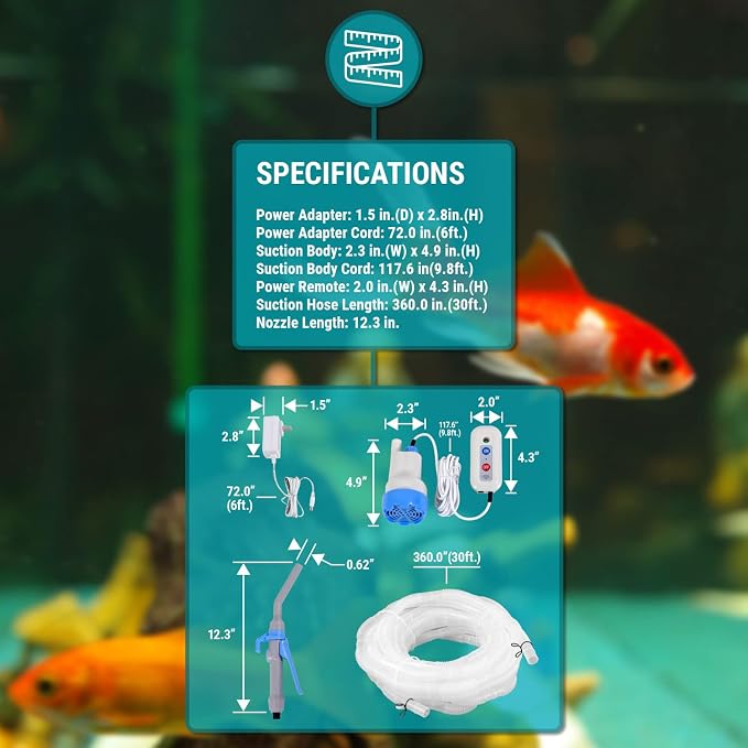 TERA PUMP 2.1 GPM Automatic Electric Water Replacement Pump, Submersible Water Pump, Fish Tank Water Changer Sand Washer with Filter, Aquarium Water Changing, 30 ft Long Hose
