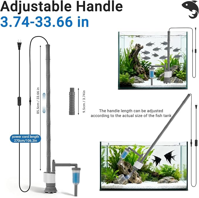 Aquarium Vacuum Gravel Cleaner, 6 in 1 30W Electric Fish Tank Cleaner with Adjustable Length, Automatic Removable Vacuum for Aquarium Change Water, Wash Sand, Water Filter and Waste Circulation