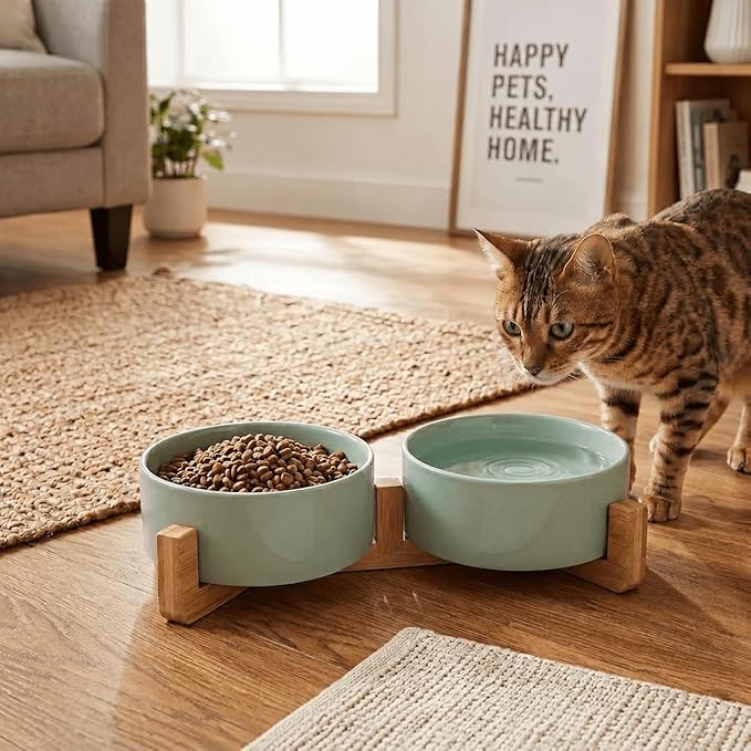 SPUNKYJUNKY Ceramic Dog and Cat Bowl Set with Wooden Stand, Modern Cute Weighted Food Water Set for Small Size Dogs (13.5OZ) & Medium Sized Dogs (28.7OZ) & Cats (1.7 Cups, 2 × Morandi Green)