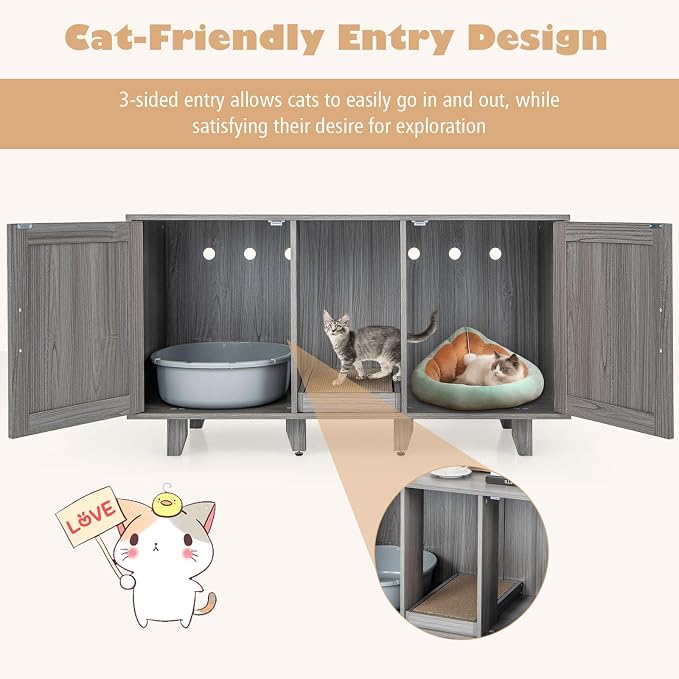 Tangkula Patented Double Cat Litter Box Enclosure for 2 Cats, Large Stackable Hidden Privacy Cat Washroom Cabinet with Scratching Board, Indoor Cat House TV Stand, Litter Box Furniture (Grey Oak)