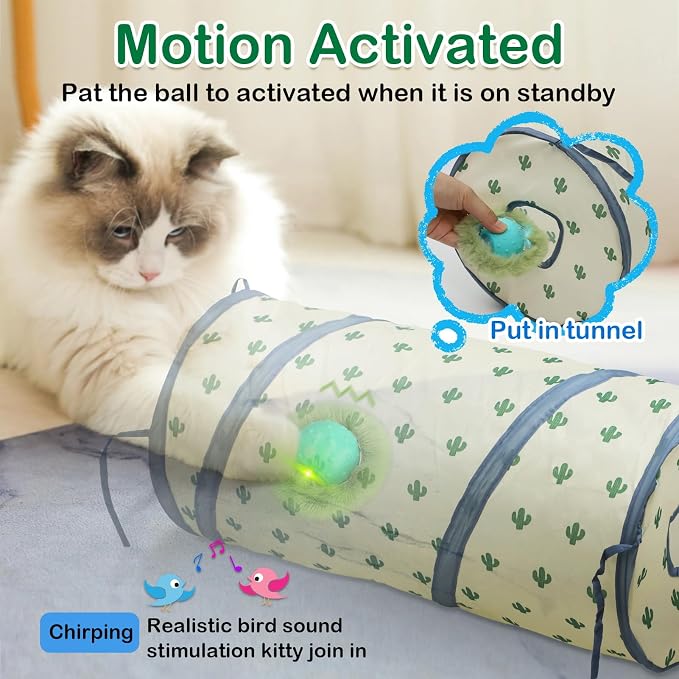 Saolife Interactive Cat Toys Ball for Indoor Cats Fast Rolling in Tunnel, Motion Activate Cat Toy with Chirping, Hide and Seek Mouse Catching Toy (Green)