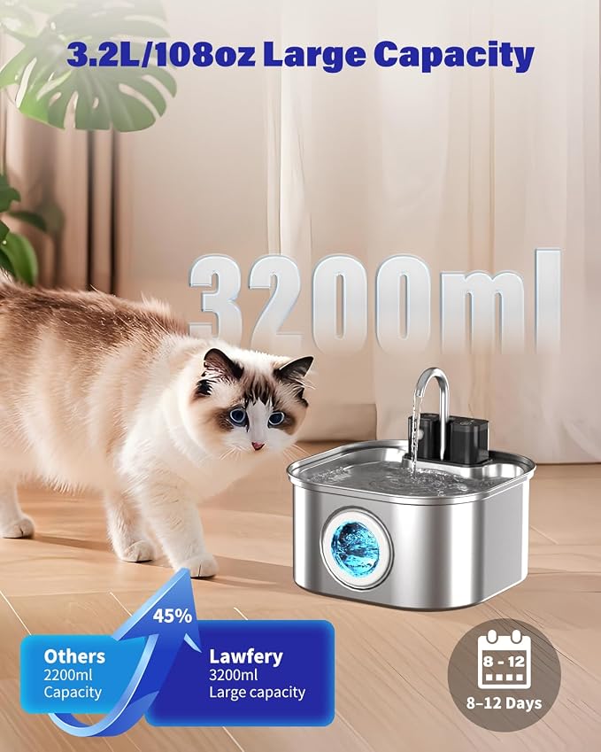 Lawfery Wireless Cat Water Fountain Stainless Steel with 4 Filters & 4 Sponges, 3.2L/108oz Battery Operated Pet Fountain, Cordless Pet Water Dispenser for Cats and Dogs