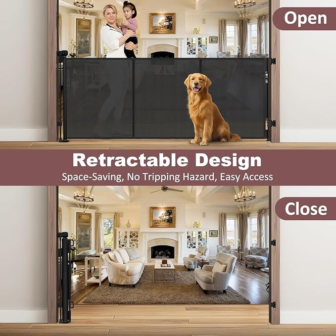 Reinforced 41 Inch Extra Tall Retractable Baby Gates 80" Wide Retractable Dog Gate with Support Rods – Prevents Crawling Under, Indoor Long Baby Gate Retractable Gate Outdoor Extra Tall Dog Gate/Black