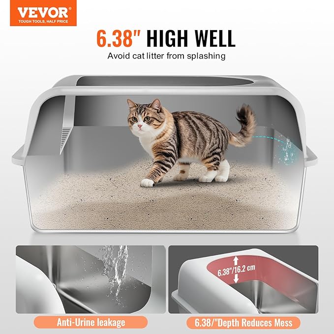 VEVOR Stainless Steel Cat Litter with Lid, XL Extra Large Enclosed Cat Litter Box for Big Cats, High Sides Metal Litter Box, Anti Leakage,Odor-Free & Easy Cleaning,Include Scoop & Foot Board