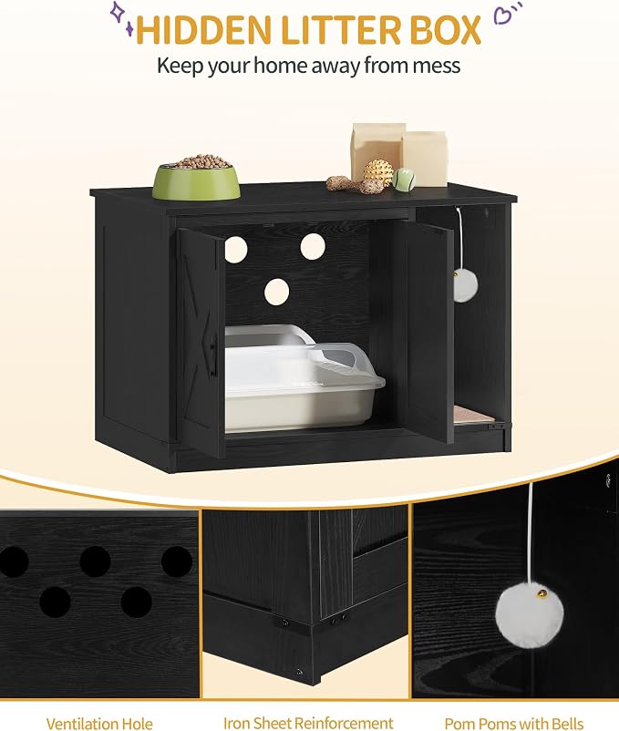 Hzuaneri Cat Litter Box Enclosure, Hidden Litter Box Cabinet Furniture with Bell, Indoor Cat House, Farmhouse Style, 31.5 x 19.7 x 20.9Inches, for Hallway, Bedroom, Black CB82404X