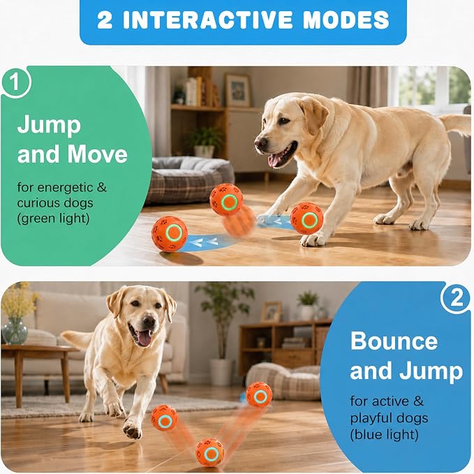 Interactive Dog Toy Ball, Durable Motion Activated Automatic Moving Ball for Small/Medium/Large Dogs, Rechargeable Dog Treat Ball with LED Lights, 2 Play Modes to Keep Your Dog Busy (Orange)