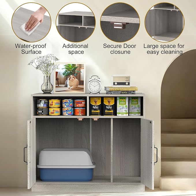 Hidden Cat Litter Cabinet Ultra-Large Wooden Enclosed Litter Box Fumiture 2-Door Storage Cabinet 2 Open Drawers 1Air Vents Cat Litter Furniture Fit Most of Litter Box.(Gray, No Drawers)
