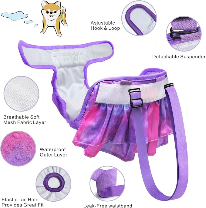 Idepet Female Dog Diapers with Suspender Detachable, 3 Pack Tie Dye Washable Reusable Girl Doggie Diapers Skirts for Small Medium Female Dog in Heat Period Cycle Urinary Incontinence Training XL