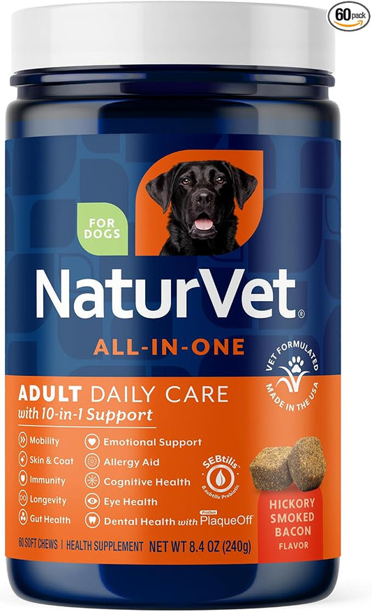NaturVet All-in-One Adult Dog Daily Care, 10-in-1 Supplement Dog Soft Chews for Mobility, Skin, Digestion, Teeth, Cognition, Eyes, Hickory Smoked Bacon Flavored Pet Supplement for Dogs, 60 Count