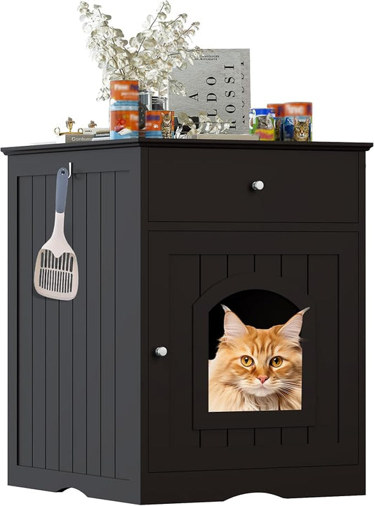Litter Box Enclosure, Hidden Cat Litter Box Cabinet with Drawer, Wooden Pet Crate, Litter Box Furniture as Cat House, End Table, Fit Most of Litter Box (Brown)