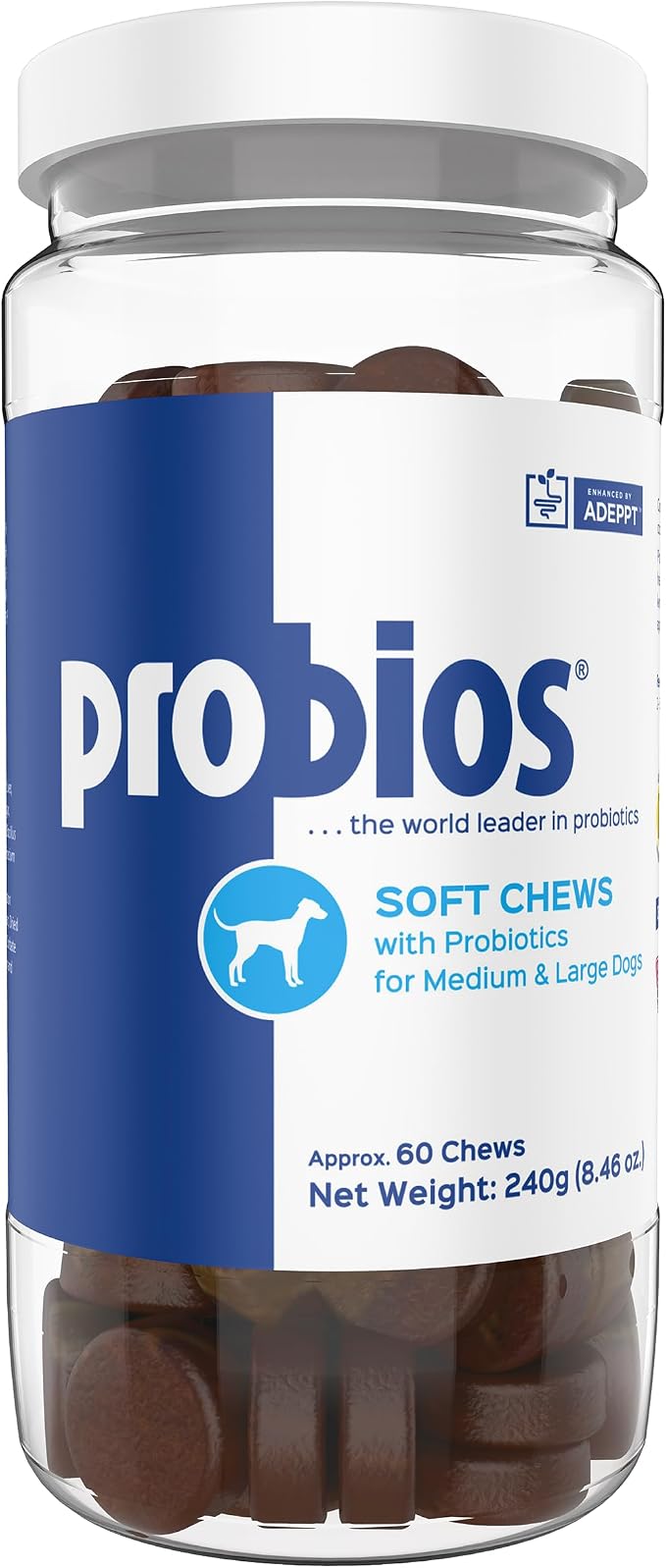 Probios for Dogs Soft Chews, Daily Probiotic Supplement for Gut Health, Digestion and Immune Support Medium and Large Breeds, Chicken Liver Flavor, 8.46oz 60 Chews