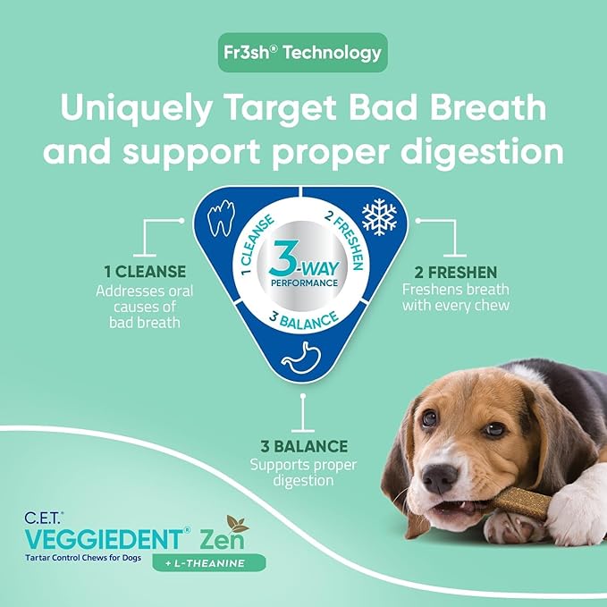 Virbac C.E.T.® VEGGIEDENT® Zen Tartar Control Chews for Dogs - Multifunctional to Support Mental Well-Being, VOHC Approved - Large Dogs Over 66lbs