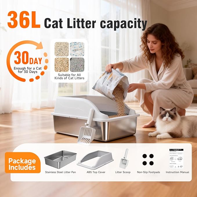 Stainless Steel Cat Litter Box, Extra Large XL Odor Free Metal Litter Box with High Sides Lid, Open Top Litter Pan Include Scoop Easy Cleaning Kitty Cat Box Anti-Urine Leakage, Non-Sticky