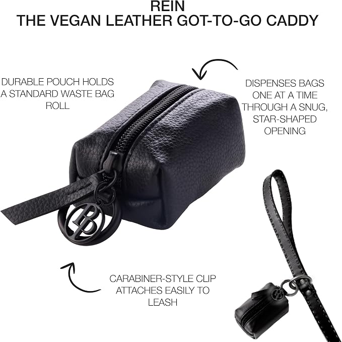 Rein - The Recycled Vegan Leather Pouch Durable Heavy Duty Bag Holder, Leash Attachment Made With Sustainable Materials, Custom Hardware for Small, Medium & Large Dogs, Black Beauty