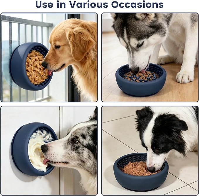 Dog Licking Bowl,Slow Feeder Dog Freeze Bowl, Anxiety Relief Treat Dispenser, Silicone Anti-chocking Pet Dish, Non-Slip Interactive Entertainment Puzzle Toy for Mediuml&Large -Dark Blue