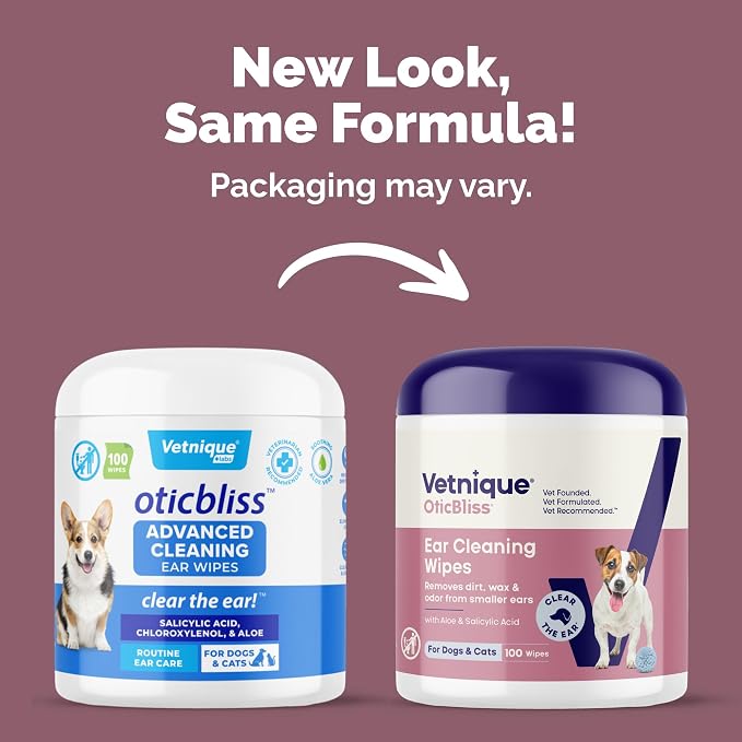 Vetnique Oticbliss Dog Ear Wipes, Cat & Dog Ear Cleaner & Deodorizing Wipes for Dogs, Cats, Puppies & Kittens, Vet Formulated to Remove Ear Wax, Dirt & Odor with Aloe for Itchy, Smelly Ears