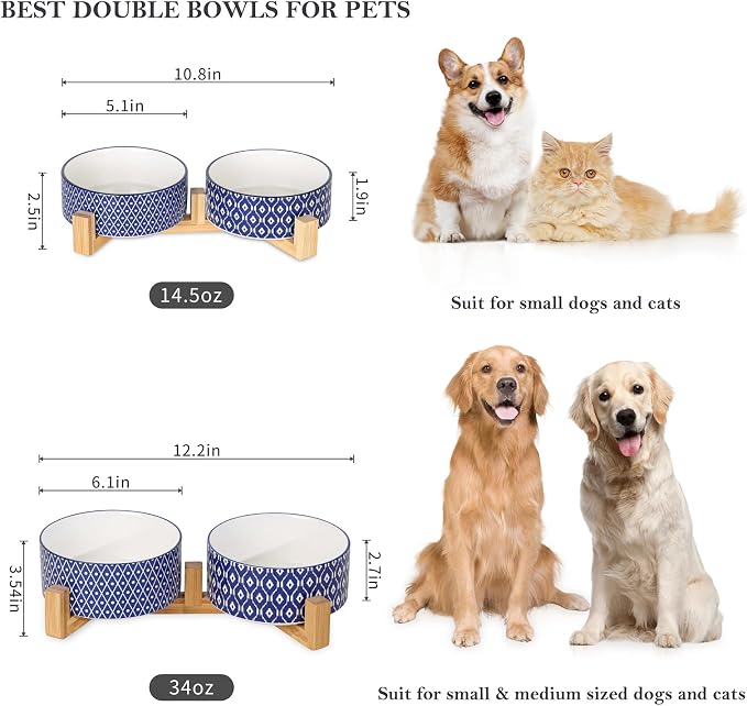 Selamica Ceramic 30 OZ Dog Bowls with Wooden Stand, Anti-Slip Dog Dishes Set for Cats & Small Dogs, Weighted Pet Bowls Set of 2, Vintage Blue