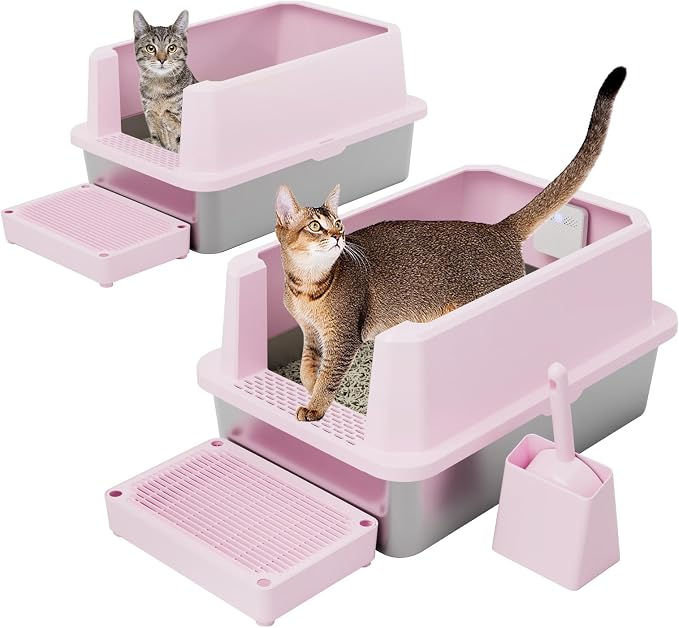 RIZZARI 2-Pack Open-Top Stainless Steel Cat Litter Boxes - Large Pink, Non-Stick & Odor Resistant, Easy-Clean Trays with High Sides, for Indoor Use, Apartments & Multi-Cat Homes
