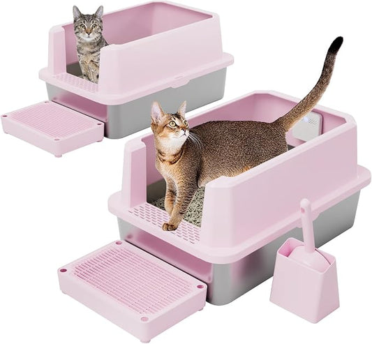 RIZZARI 2-Pack Open-Top Stainless Steel Cat Litter Boxes - Large Pink, Non-Stick & Odor Resistant, Easy-Clean Trays with High Sides, for Indoor Use, Apartments & Multi-Cat Homes