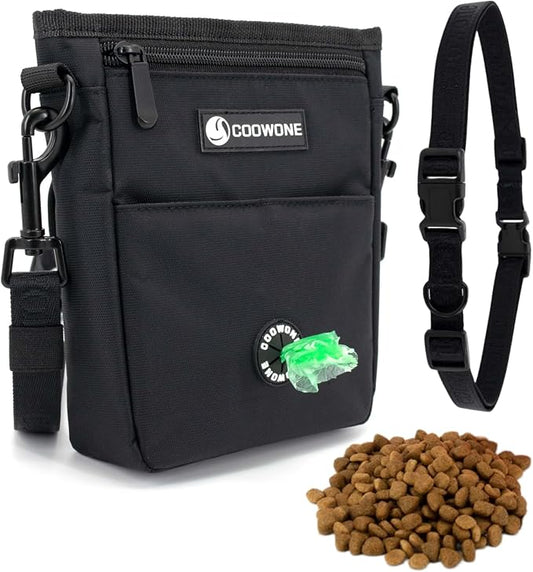 Dog Treat Pouch Pet Training Cross Body Bag, Magnetic Closure Dog Walking Fanny Pack Built-in Poop Bag Dispenser, Adjustable Shoulder Strap (Dog Leash) and Waist Belt (Dog Collar)