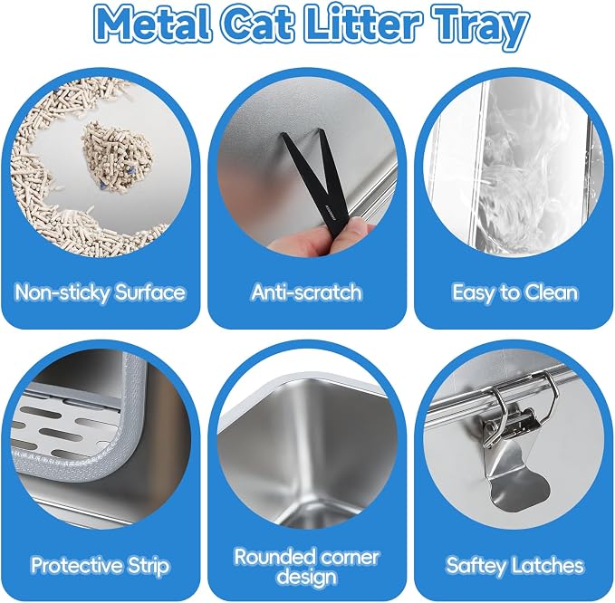 Stainless Steel Cat Litter Box XXL, 23.6" L x 15.7" W x 11.8" H Extra Large Semi Enclosed Removable Metal Litter Tray with High Sided Enclosure, Scoop, Anti-Leakage, Non-Sticky, Easy Cleaning