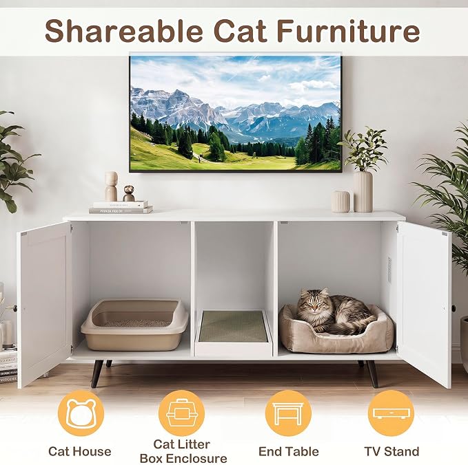 Tangkula Double Cat Litter Box Enclosure, Large Hidden Wooden Cat Cabinet for 2 Cats with Scratching Pad, Double Rooms, Versatile TV Stand Side Table for Indoor Living Room (White)