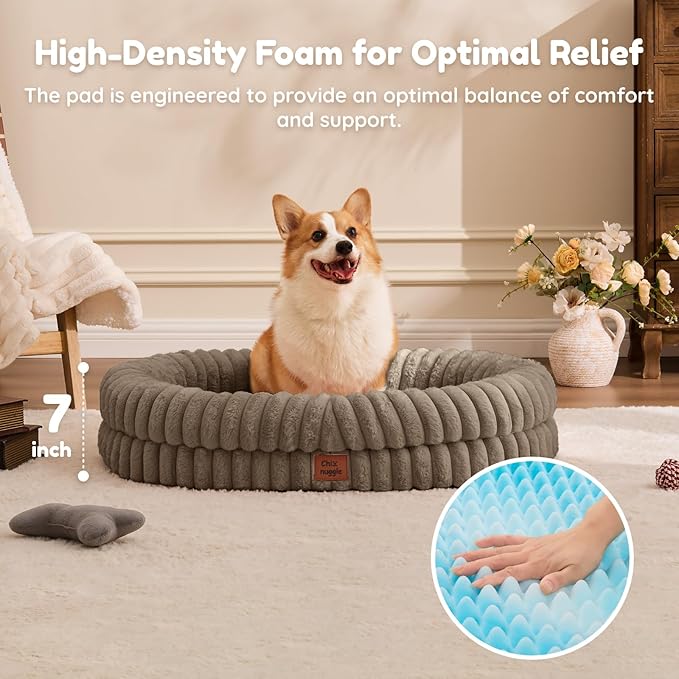 ChiXnuggle Orthopedic Dog Bed for Large Dogs, Waterproof Faux Rabbit Fur Dog Couch with Egg Crate Foam Support and Washable Removable Cover, Bolster Pet Sofa with Non-Slip Bottom, 35x28x7, Taupe
