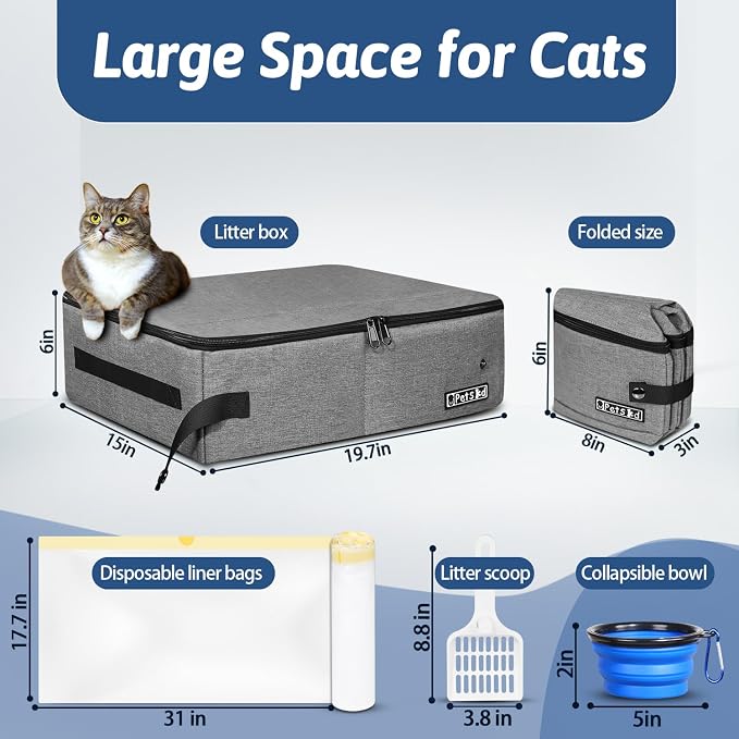 Petskd Portable Cat Travel Litter Box with Lid and 10 pcs Disposable Liner Bags, Leak-Proof and Collapsible, Cat Travel Essentials for Car, Hotel, Airplane and Other Outdoor Use(Grey)