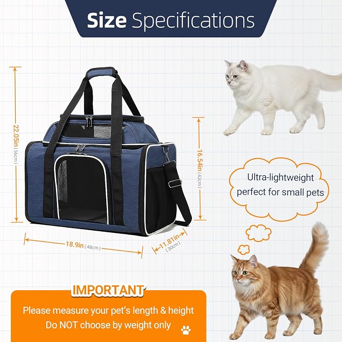 Blue Soft-Sided Pet Carrier for Large Cats & Small Dogs, Airline Approved, with Shoulder Strap & Removable Mat, Breathable Soft Mesh, Comfortable Cat Backpack Carrier