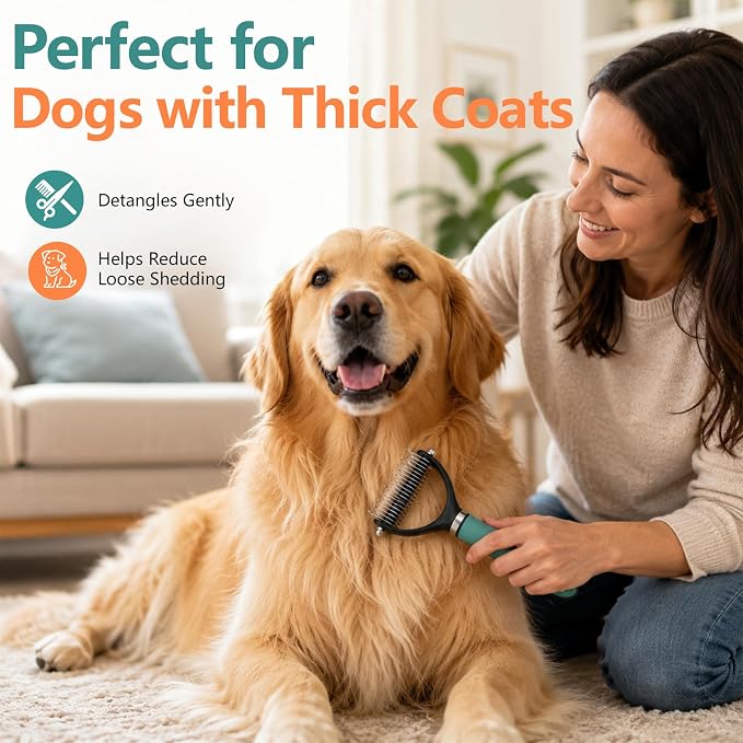 Dog Brush and Cat Deshedding Rake, Pet Grooming Tool for Shedding with Rounded Stainless Steel Teeth, Comfortable Grip for Long or Thick Coats (Orange)