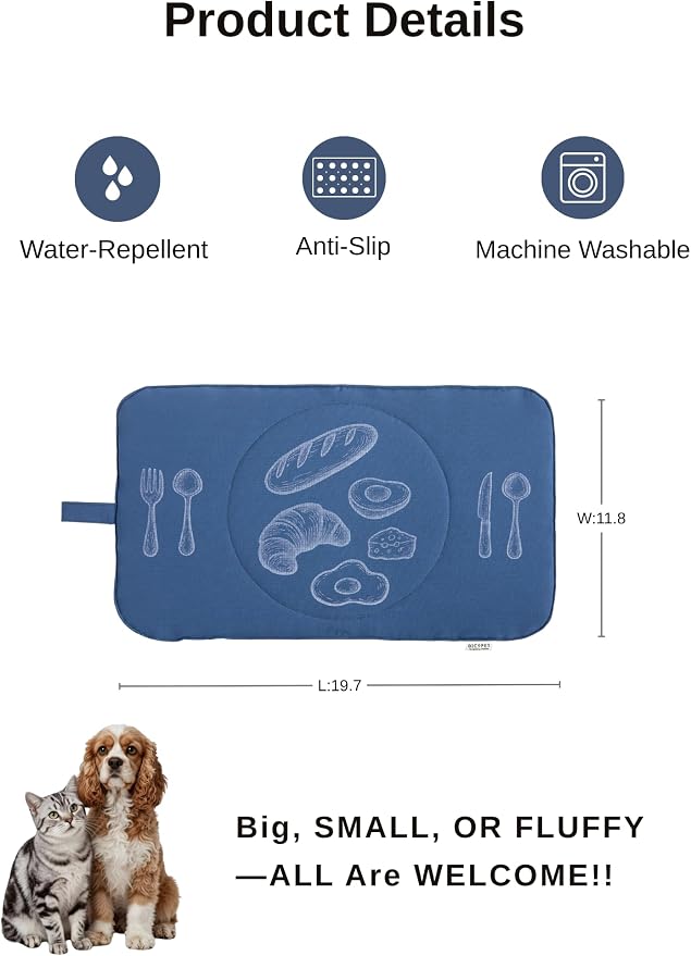 Quilted Pet Feeding Mat for Dogs and Cats, Soft Padded Placemat with Water-Resistant Fabric & Anti-Slip Silicone Backing, Machine Washable with Hanging Loop, 11.8x19.7 – Foggy Blue