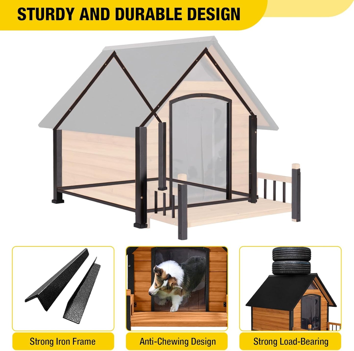Outdoor Dog House with All-Around Insulated Liner Weatherproof Puppy Shelter Indoor Dog Kennel, Anti-Bite Dog Home for Large Breed with Porch (Brown, Large)