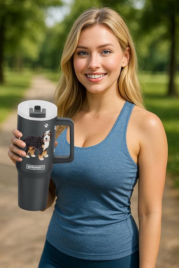 SERENGETI 40 Oz Ultimate Tumbler with Handle and Straw - Vacuum Insulated Tumbler with Straw and Lid - Stainless Steel Travel Mug for Pet Lovers - 3D Designs of your favorite Dog (Bernadoodle)