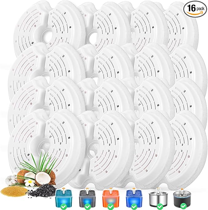 Cat Water Fountain Filters for 84oz/2.5L Stainless Steel Pet Fountain and 67oz/2.0L Plastic Cat Drinking Fountain, 16 Pack Pet Replacement Filters Set