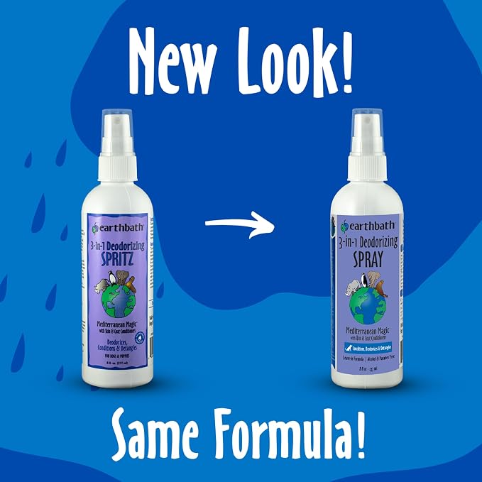 earthbath, Mediterranean Magic 3-in-1 Dog & Puppy Deodorizing Spritz - Dog Odor Eliminator for Strong Odor, Cruelty-Free Dog Cologne, Dog Wash Spray, Made in USA, Dog Bathing Supplies - 8 Oz (2 Pack)