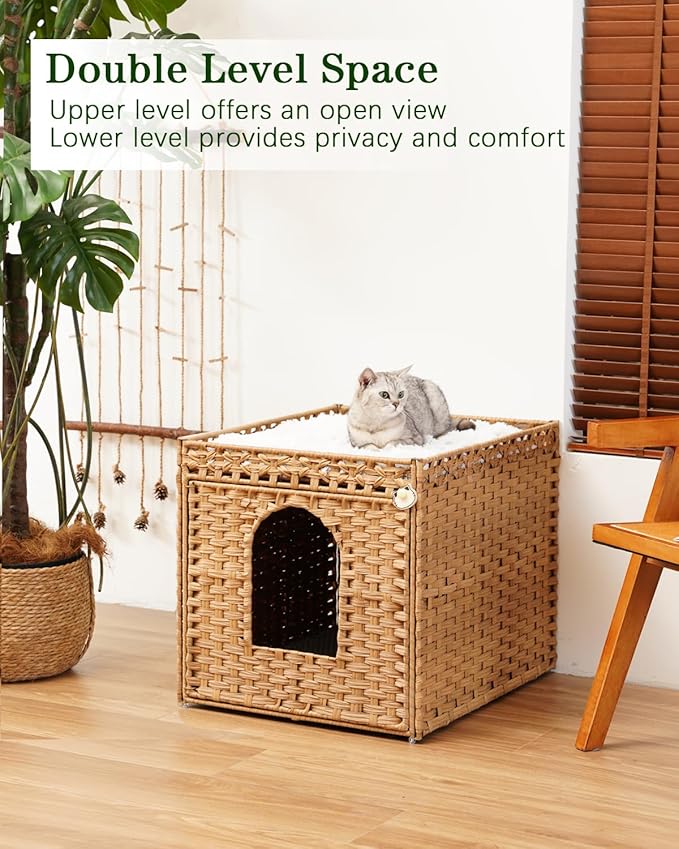 SETVSON Cat Litter Box Enclosure Furniture, Large Hidden Litter Box Furniture, Handwoven Rattan Cat House Cabinet, One Mat, Two S-Shaped Hooks, Living Room, Apartment 21.6 X 26 X 21.6 Inches, Natural