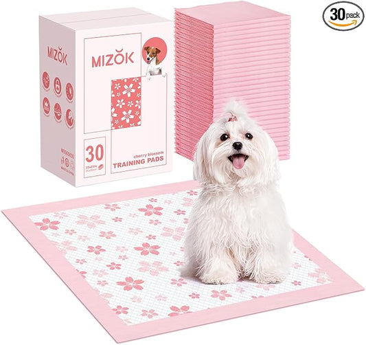 MIZOK Puppy Pads Pink 22x22in, Stay-Put Training Mats with Pheromone Attractant, Decorative Cherry Blossom 6-Layer Absorbent Dog Pee Pads, Disposable (30 Count)