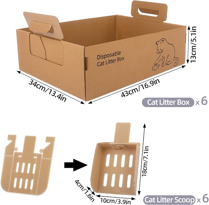 6 PCS Disposable Litter Boxes for Cats, Foldable & Portable Cat Litter Box with Scoops, Waterproof Hygienic, for Travel Car Hotel, Large (17x13.5x5.2in)
