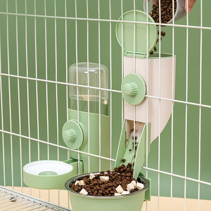 Hanging Automatic Food and Water Dispenser for Rabbit, Guinea Pig, Ferret, Bunny Cage Accessories, Feeder Bottle Combo (Green)