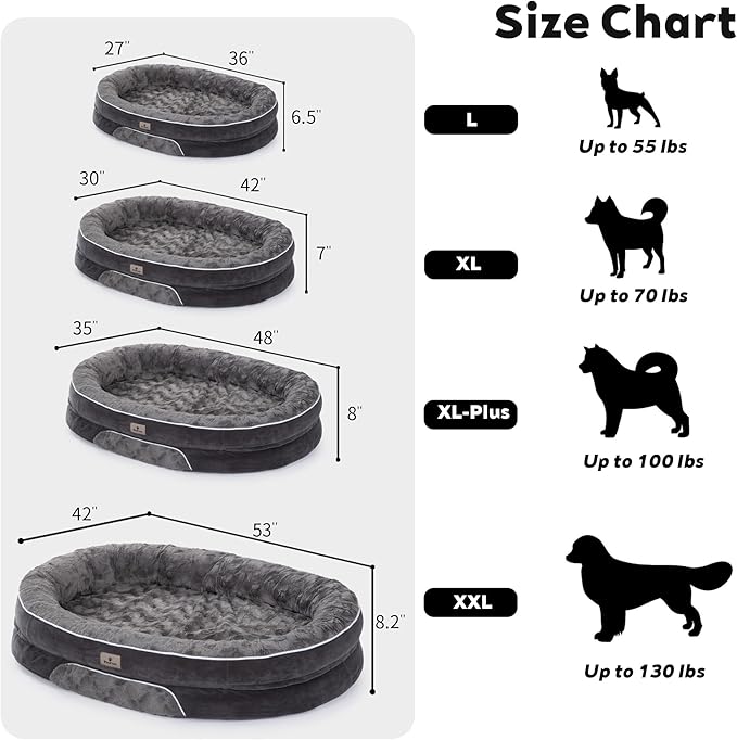 Orthopedic Dog Bed Couch for XXLarge Sized Pets with Egg Foam Support, Four-Sided Bolster Cushions, Soft Tear-Resistant Fabric, and Removable Machine Washable Plush Cover, 53'', Dark Gray