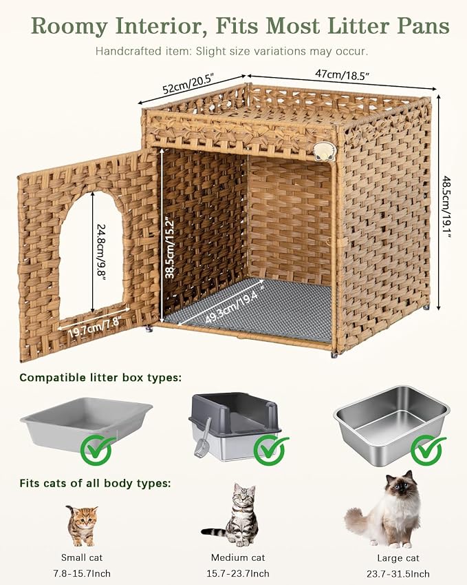 SETVSON Cat Litter Box Enclosure Furniture, Hidden Litter Box with Mat and Fence, Handwoven Rattan Cat House with Two S-Shaped Hooks for Living Room, Bedroom, 18.5 x 20.5 x 19.1 Inches (Natural)