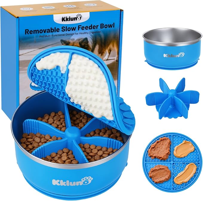 Slow Feeder Insert Dog Bowl 3-in-1 with Lick Mat - 64oz Stainless Steel Food Water Bowl, Non-Slip Suction Cup Base, Dishwasher Safe Puzzle Maze Insert for Dogs Cats All Breeds, Blue