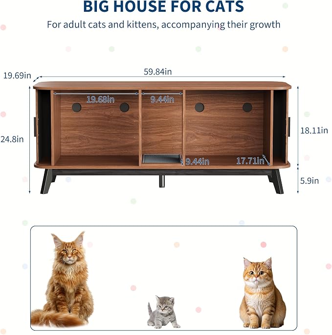 Garvee Cat Litter Box Enclosure for 2 Cats, 59" Hidden Litter Boxes Furniture with Sliding Door and Cat Litter Mat, Large Indoor Pet House, Wooden TV Stand Side Table, Walnut