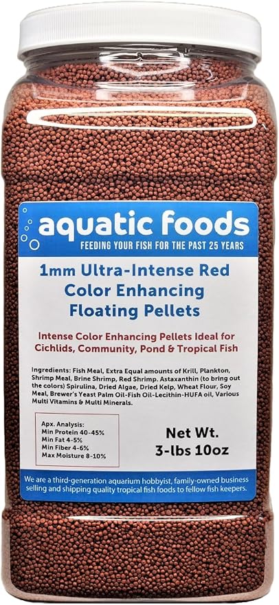 1-mm Ultra-Intense RED Color Enhancing in 7-10 Days Floating Pellets for Baby Discus, Cichlids, Marine Fish, Community Fish, All Tropical and Pond Fish…3-lb 10oz Lg Jar