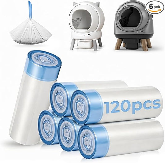 Litter Box Liners Drawstring Waste bag 6 Rolls / 120 Pcs, Heavy Duty Trash Bags, Compatible with Most of Automatic Cat Litter Box, like G1/ E2