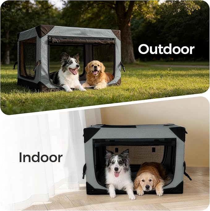 26 Inch Soft Collapsible Crate for Small Dogs, 4-Door Portable Foldable Soft Kennel with Chew Proof Mesh Windows for Indoor & Outdoor Travel Grey