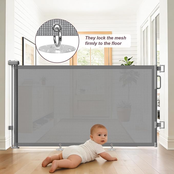 2Pack Retractable Baby Gates for Stairs, 58" Extra Wide Mesh Dog Gate for Doorways, Child Gate for Toddler Pet, Indoor and Outdoor Use, Easy Install, 34" Height, Gray