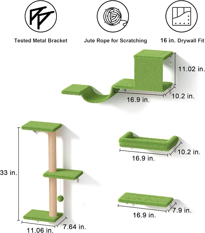FUKUMARU Cat Wall Shelves, Stable & Safe 4 in 1 Cat Walls Furniture Set, Wooden Kitten Climbing Wall with Scratching Post for 16 Inch Drywall - Green