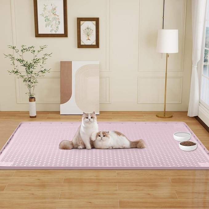 Cat Food Mat, 50" x 35" Extra Large Silicone Pet Feeding Mat with Raised Edge Pet Placemat for Food and Water Bowl Non-Slip, Easy to Clean, Floor Protection (Pink)