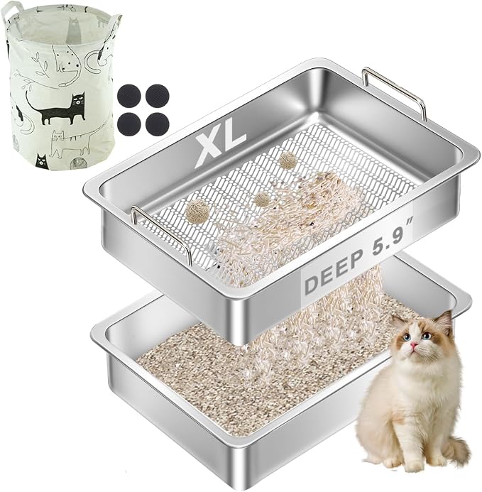 Stainless Steel Sifting Cat Litter Box for Clumping Clay Litter,Large Metal Litter Box with Litter Bag,Sifting Tray and Handle for Easy Lifting, Odor Control (23.6"x15.7"x5.9")